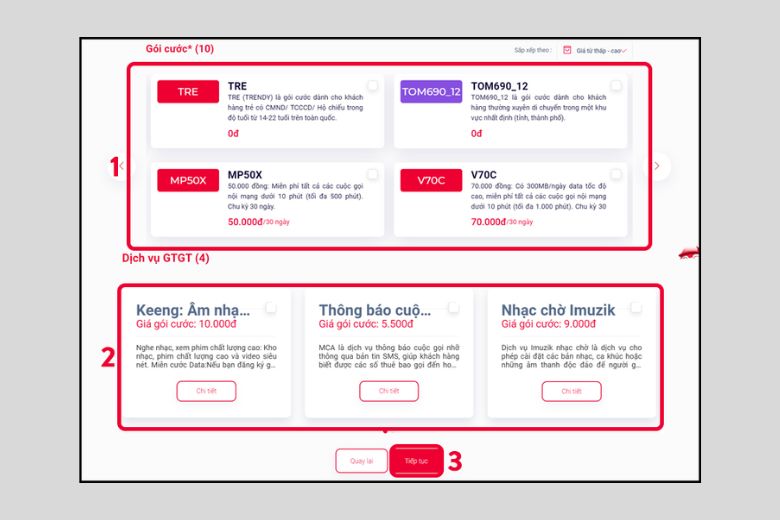 Tại đây, bạn sẽ cần chọn Gói cước mà bạn muốn đăng ký cùng với SIM 