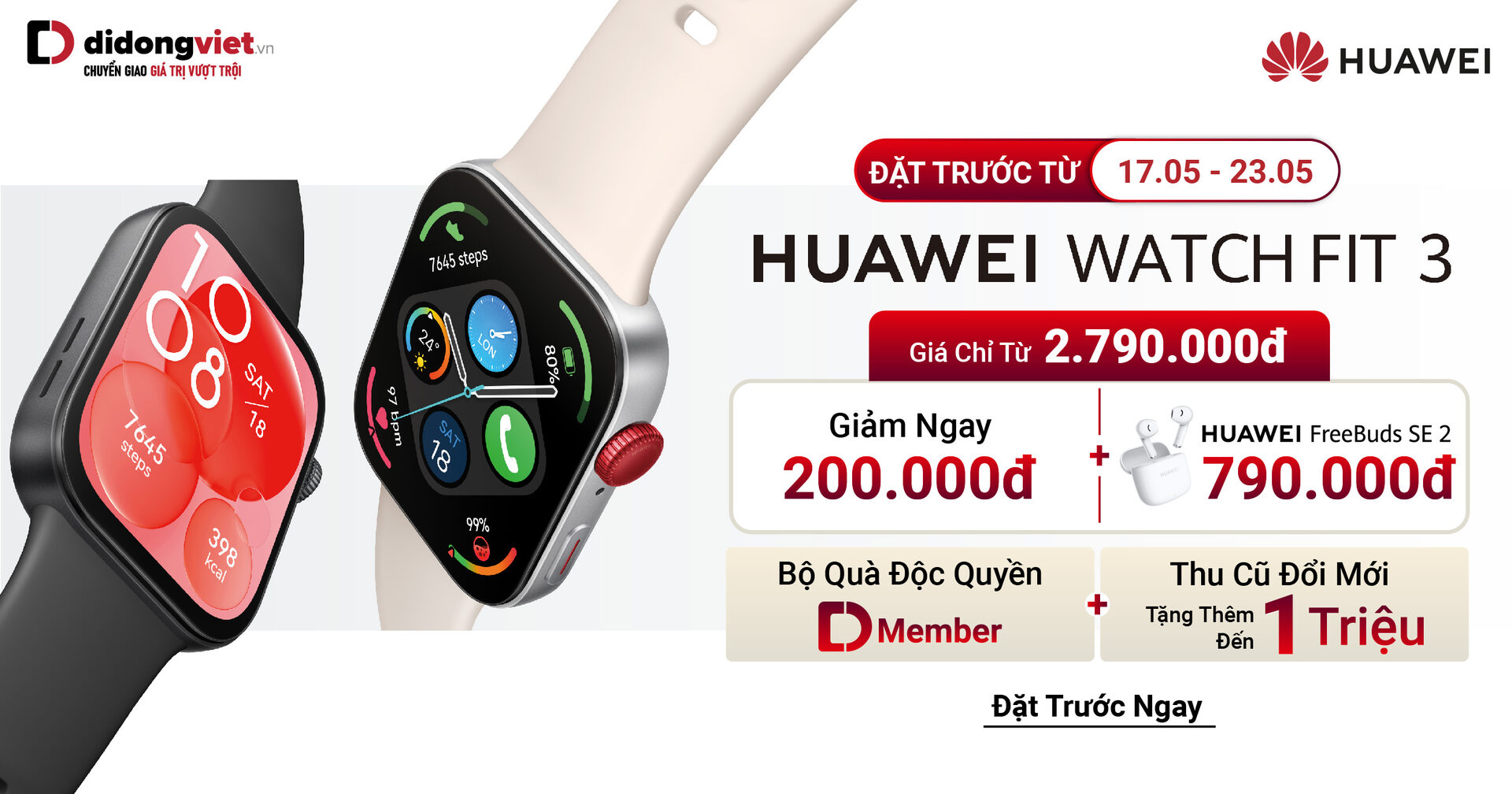 Đặt trước Huawei Watch Fit 3: Giá chỉ từ 2.79 triệu. Tặng tai nghe Huawei FreeBuds SE 2 kèm voucher giảm thêm đến 200K. Trả góp 0%, trả trước 0đ