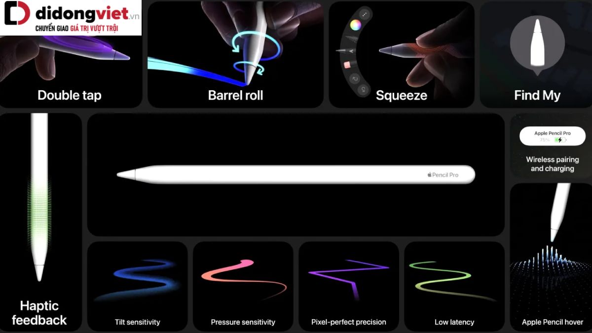 Bút Apple Pencil Pro ra mắt: Ngòi bút có thể thay thế, tích hợp Tẩy, Cử chỉ bóp hoàn toàn mới