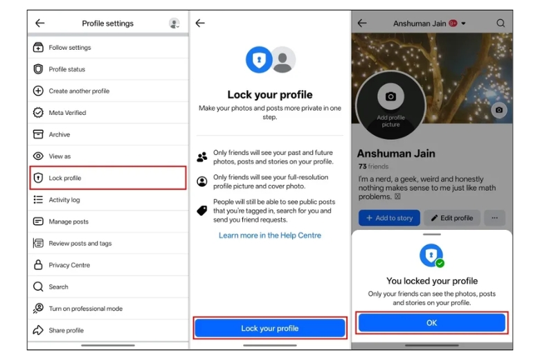 Giao diện cài đặt Profile Lock trên Facebook mobile