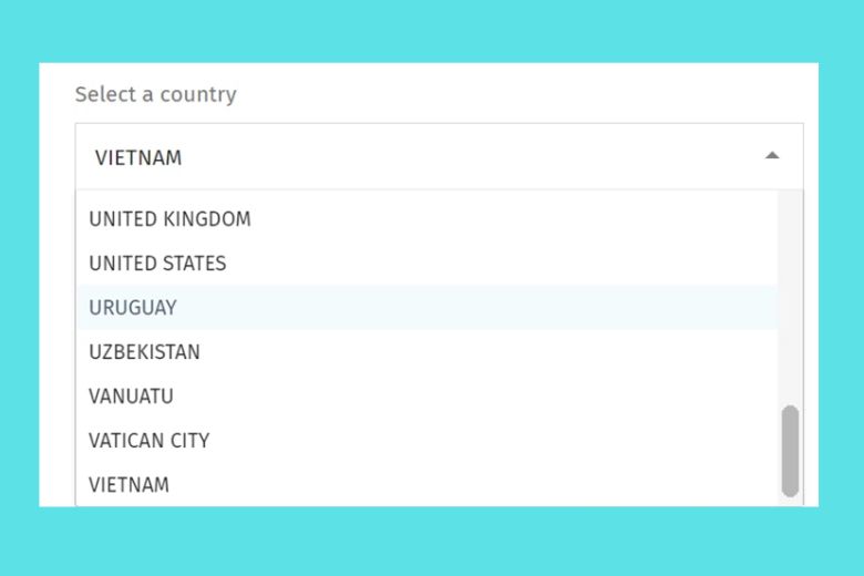 Tại giao diện trang web, bạn sẽ thấy mục "Select a country"