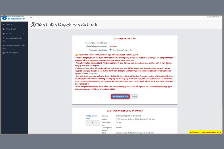 Cách thanh toán nguyện vọng Đại học