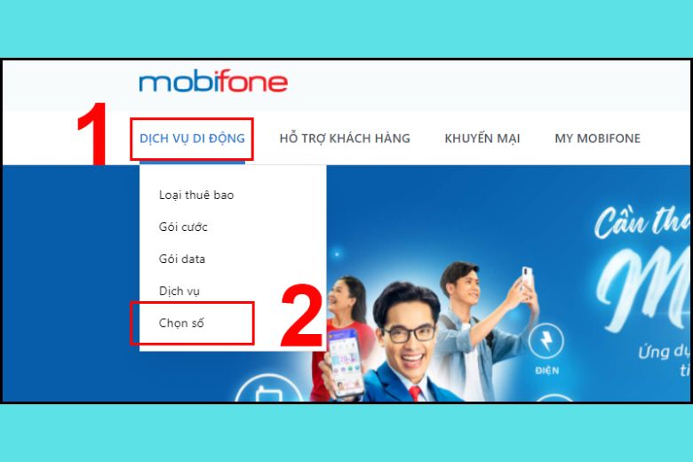 Chọn "DỊCH VỤ DI ĐỘNG" và chọn "Chọn số"