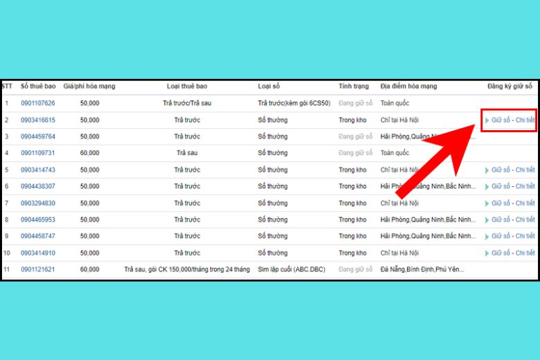 Bạn có thể lựa chọn số thuê bao mà bạn muốn và nhấp vào "Giữ số - Chi tiết"