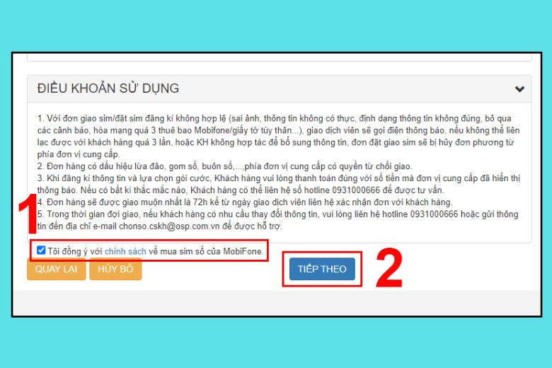 Trước khi tiến hành đặt mua, hãy đọc và đánh dấu vào ô "Tôi đồng ý với chính sách về mua sim số của MobiFone"