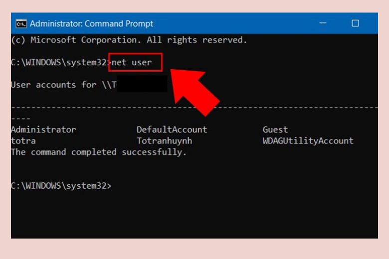 Tiếp theo, bạn nhập lệnh "net user"