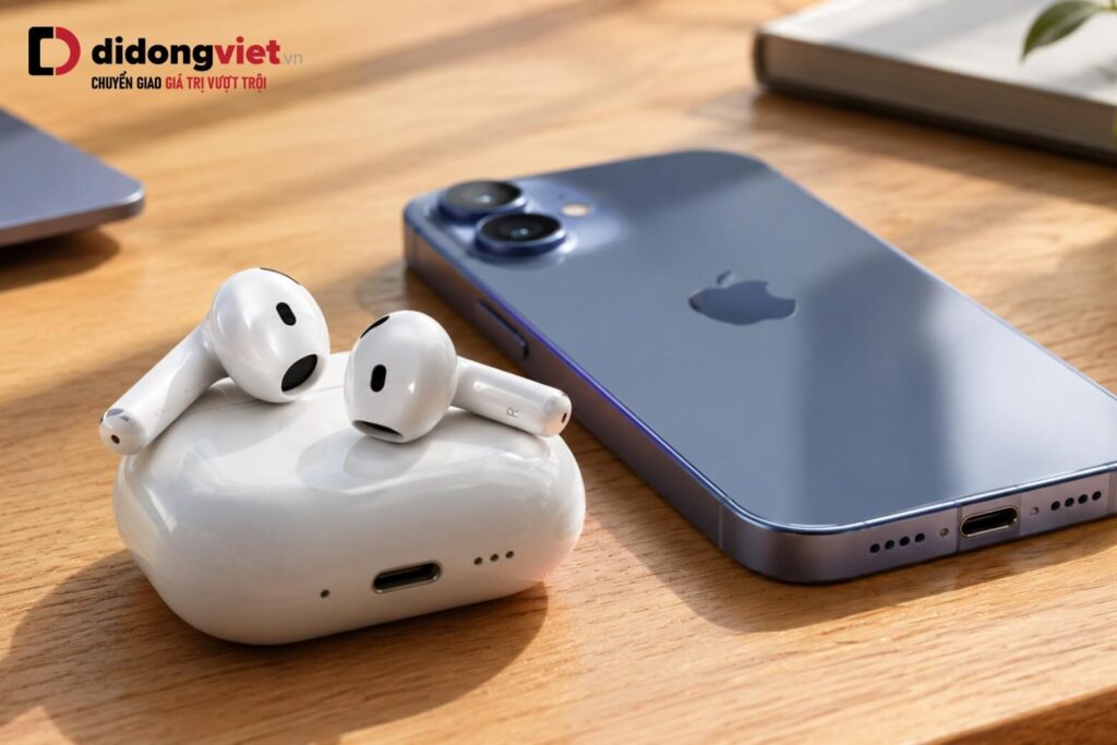 Có nên mua AirPods 4? Đánh giá thực tế và cách chọn phiên bản phù hợp 6 Hộp sạc AirPods 4 cổng USB-C đặt cạnh iPhone 16 trên bàn làm việc