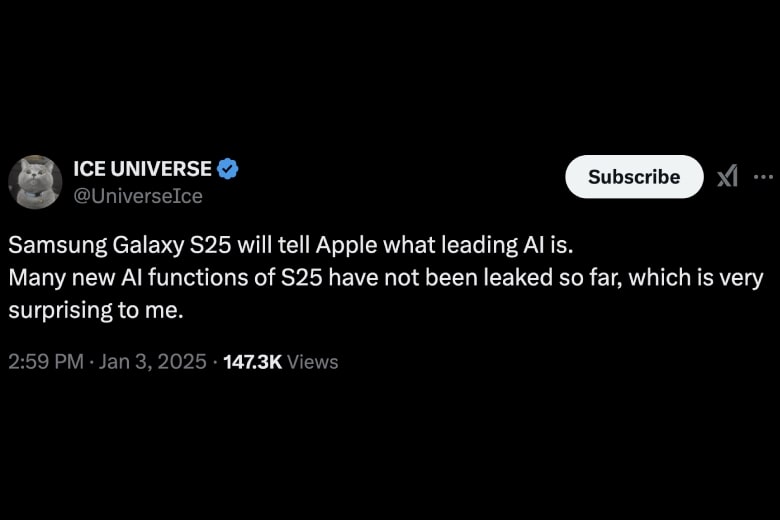 Leaker nổi tiếng Ice Universe đã tiết lộ rằng Galaxy S25 sẽ tích hợp những tính năng AI vượt trội