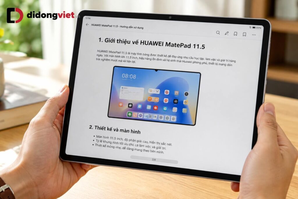 Có nên mua HUAWEI MatePad 11.5 2026 ở thời điểm hiện tại? Đánh giá thực tế 5 Người dùng cầm HUAWEI MatePad 11.5 đọc tài liệu văn bản rõ nét dưới ánh sáng tự nhiên