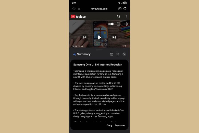 One UI 8 trên Android 16 sẽ hỗ trợ tóm tắt video online bằng AI ngay trên trình duyệt Samsung 4 one ui 8 2