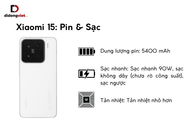 So sánh Xiaomi 15 Ultra và Xiaomi 15: 6 Điểm Khác Biệt Vượt Trội Đánh Thức Khát Vọng Công Nghệ 25 Dung lượng pin 5400mAh đi kèm sạc nhanh 90W, sạc không dây trên Xiaomi 15