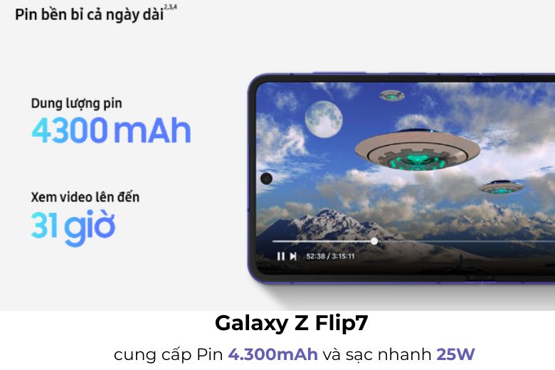 Các nâng cấp mới trên Galaxy Z Flip7: Bước tiến vượt bậc trong thiết kế điện thoại gập 17 Pin 4.300mAh và sạc nhanh 25W của Galaxy Z Flip7