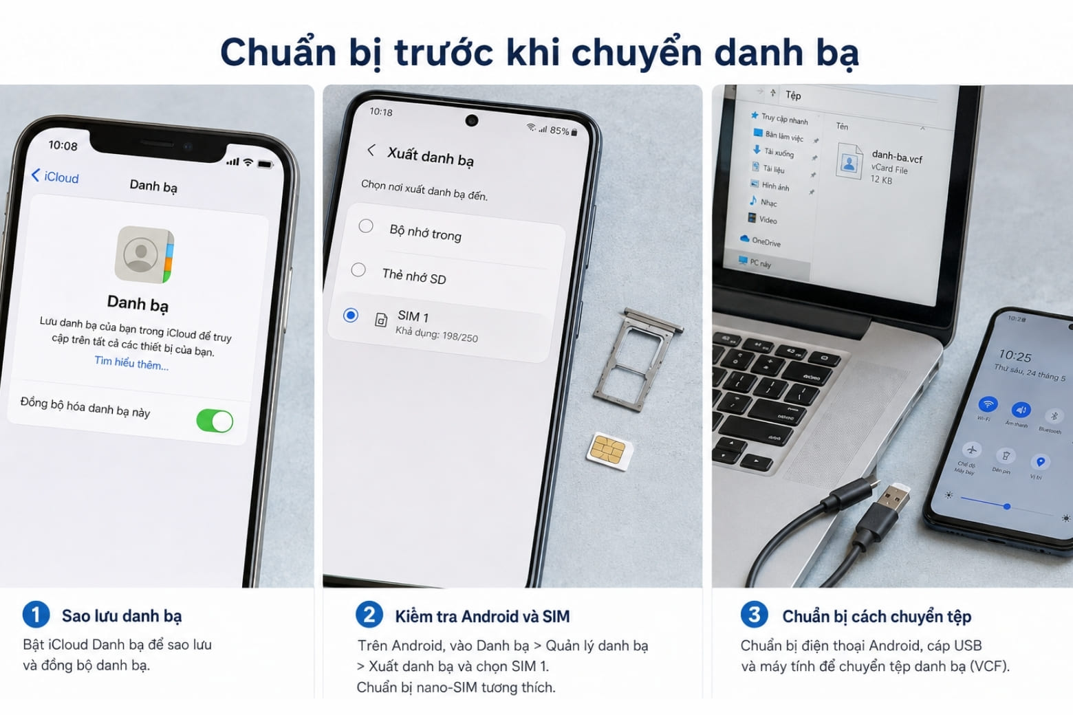 Sao chép danh bạ từ máy sang SIM iPhone: Cách đúng, dễ làm 15 Chuẩn bị đầy đủ thiết bị và dữ liệu để chuyển danh bạ thuận lợi