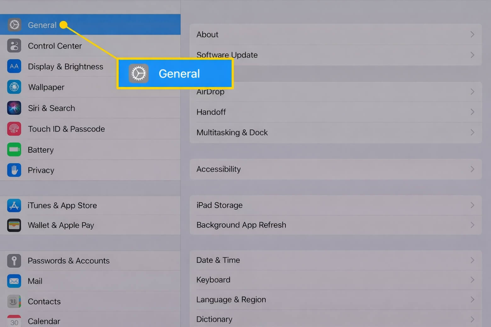 Vào General (Cài đặt chung) trong phần Cài đặt của máy