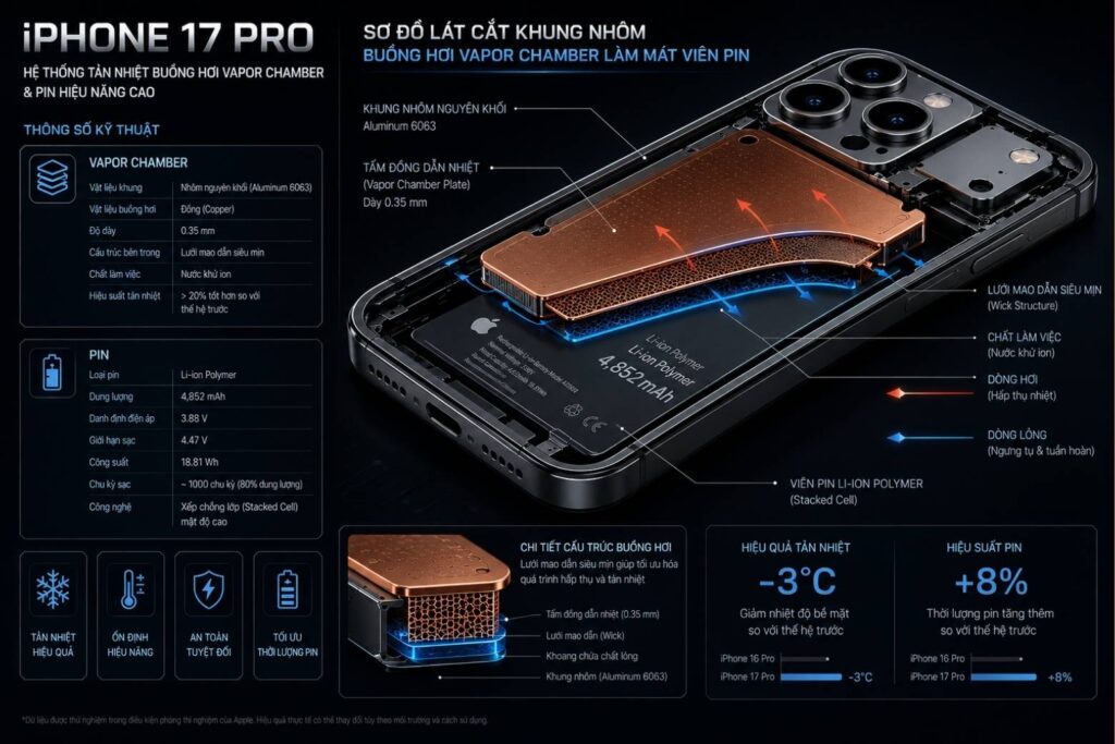 Đánh giá Pin iPhone 17 Pro: Sơ đồ hệ thống tản nhiệt buồng hơi và viên pin