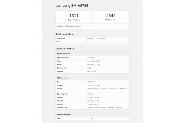 Samsung Galaxy A57 lộ diện điểm hiệu năng
