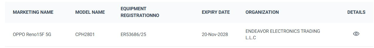 OPPO Reno15 F 5G đạt chứng nhận TDRA Listing