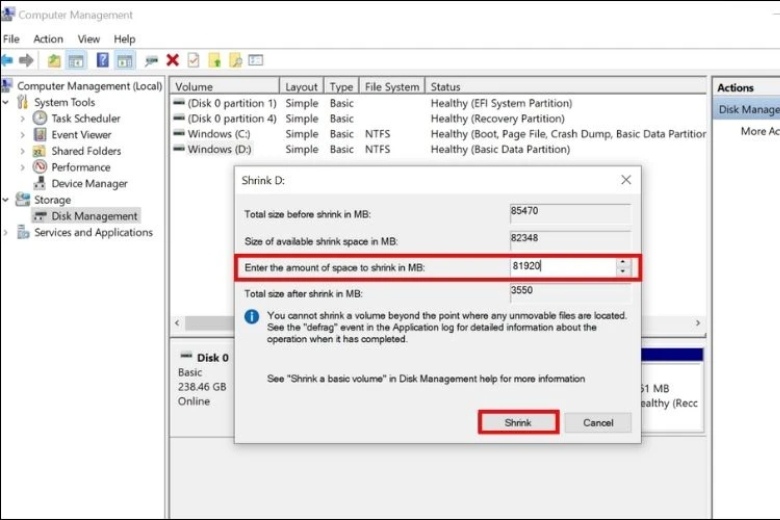 Ổ cứng di động là gì nhập dung lượng nhấn vào Shrink