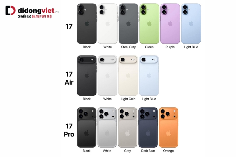 Bảng giá cho các phiên bản dòng iPhone 17 Series có dung lượng 512GB tại Di Động Việt