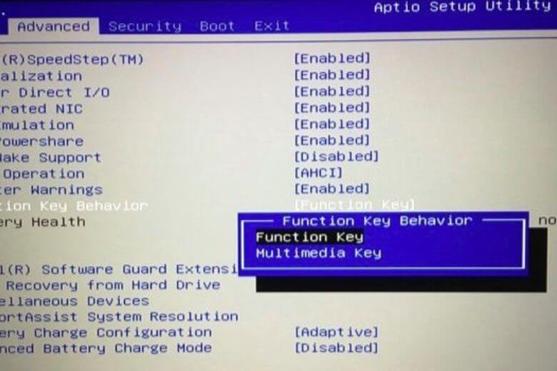 Bật phím Fn qua BIOS trong mục Function Key Behavior nếu bàn phím không hỗ trợ tổ hợp Fn + Esc.