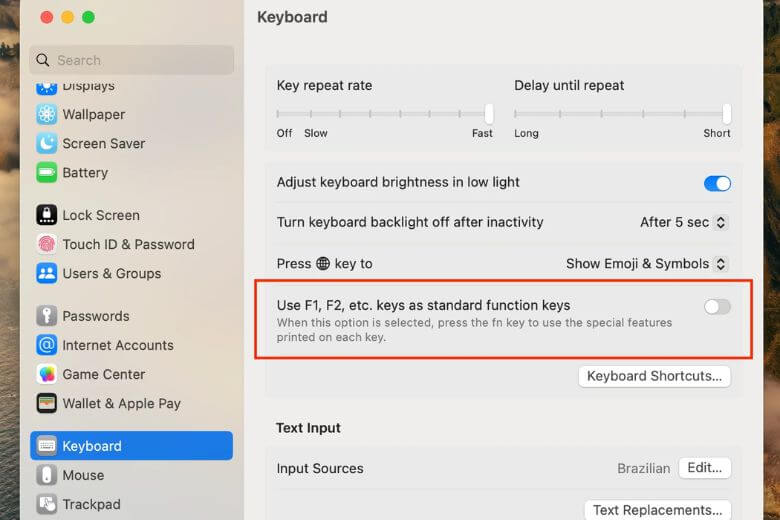 Bật phím F chuẩn trong System Settings > Keyboard > Function Keys trên macOS Ventura.