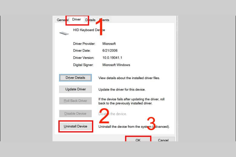 Cài đặt lại driver bàn phím qua Device Manager > Keyboards > Uninstall Device rồi khởi động lại máy.