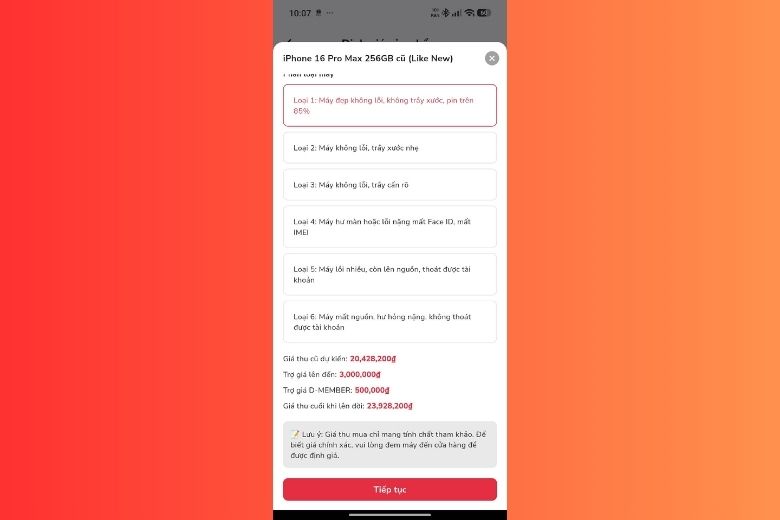 App Di Động Việt Thu Cũ Đổi Mới, Bước 4: Chọn Loại Máy 