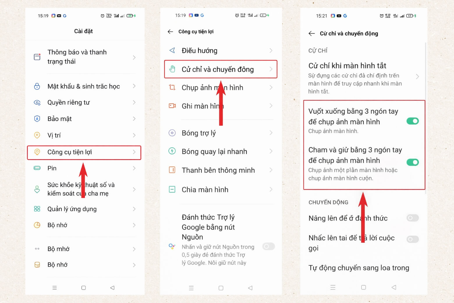 Bạn cần bật tính năng chụp hình bằng 3 ngón tay trong phần cài đặt trước khi sử dụng