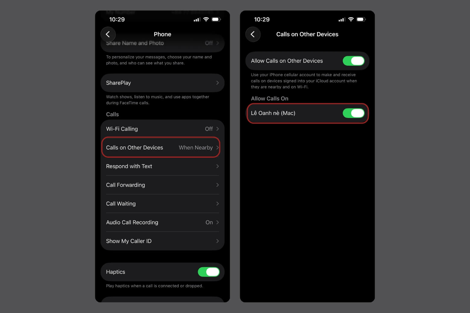 Chọn Call on other Devies, cho phép Macbook của bạn
