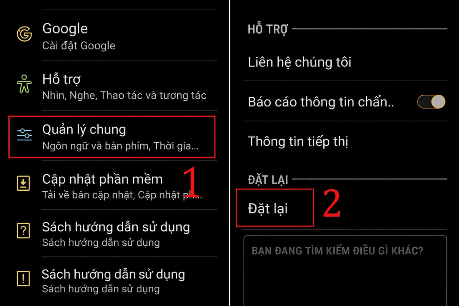 Truy cập vào cài đặt, chọn quản lý chung, chọn đặt lại