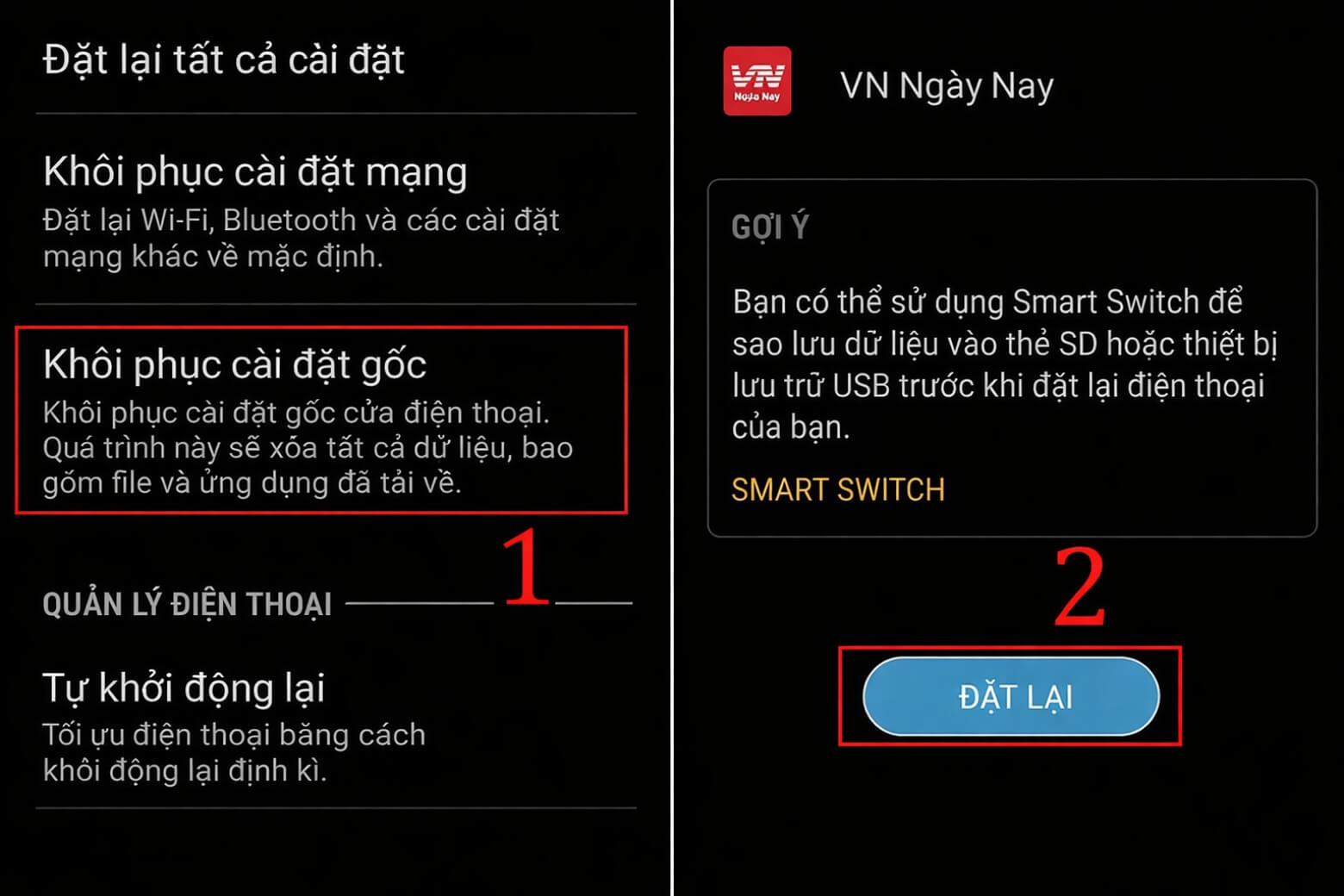 Chọn khôi phục cài đặt gốc, chọn đặt lại