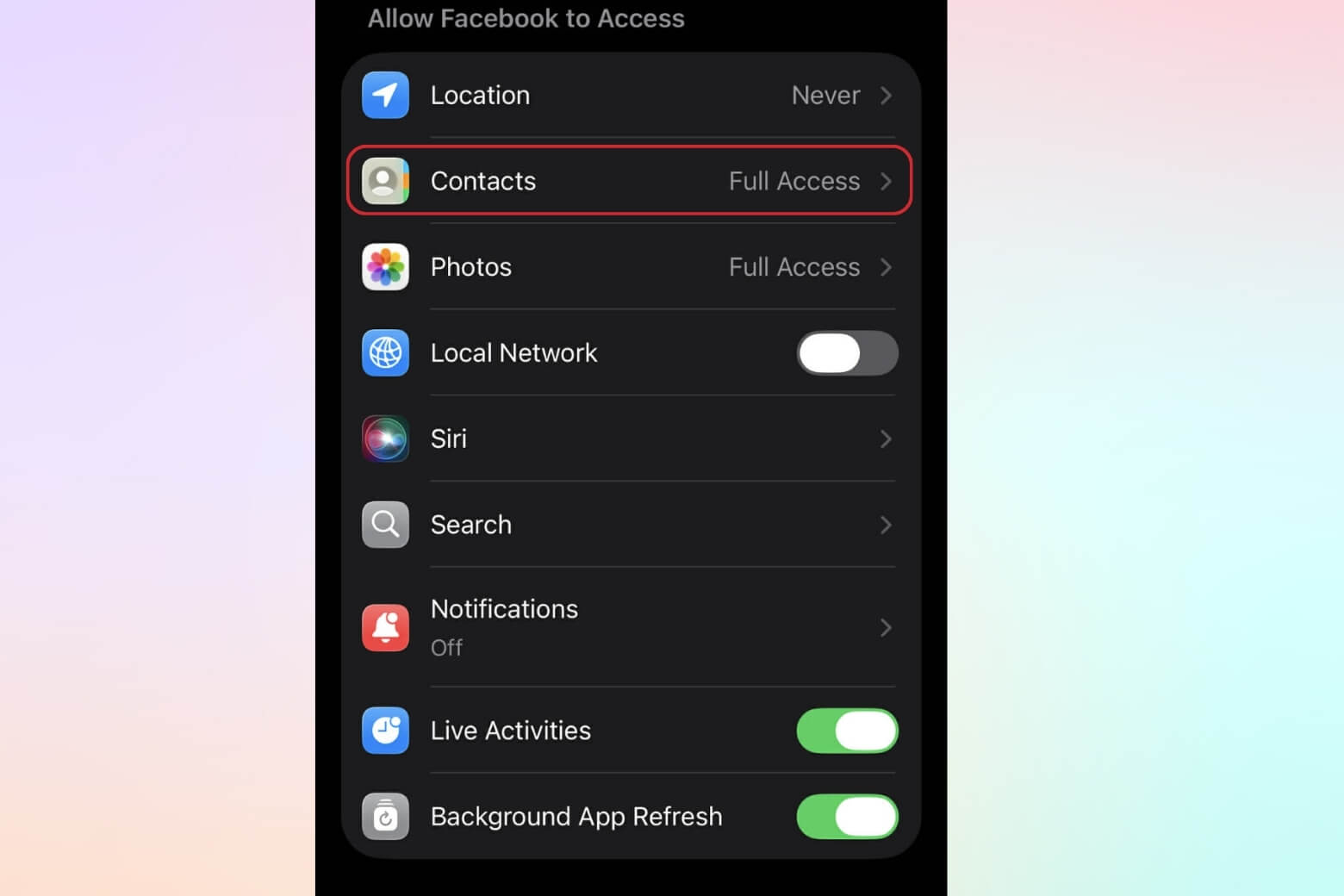 Nếu bạn dùng iPhone, cần bật tính năng cho phép Facebook truy cập vào danh bạ (trong phần Cài đặt của máy)