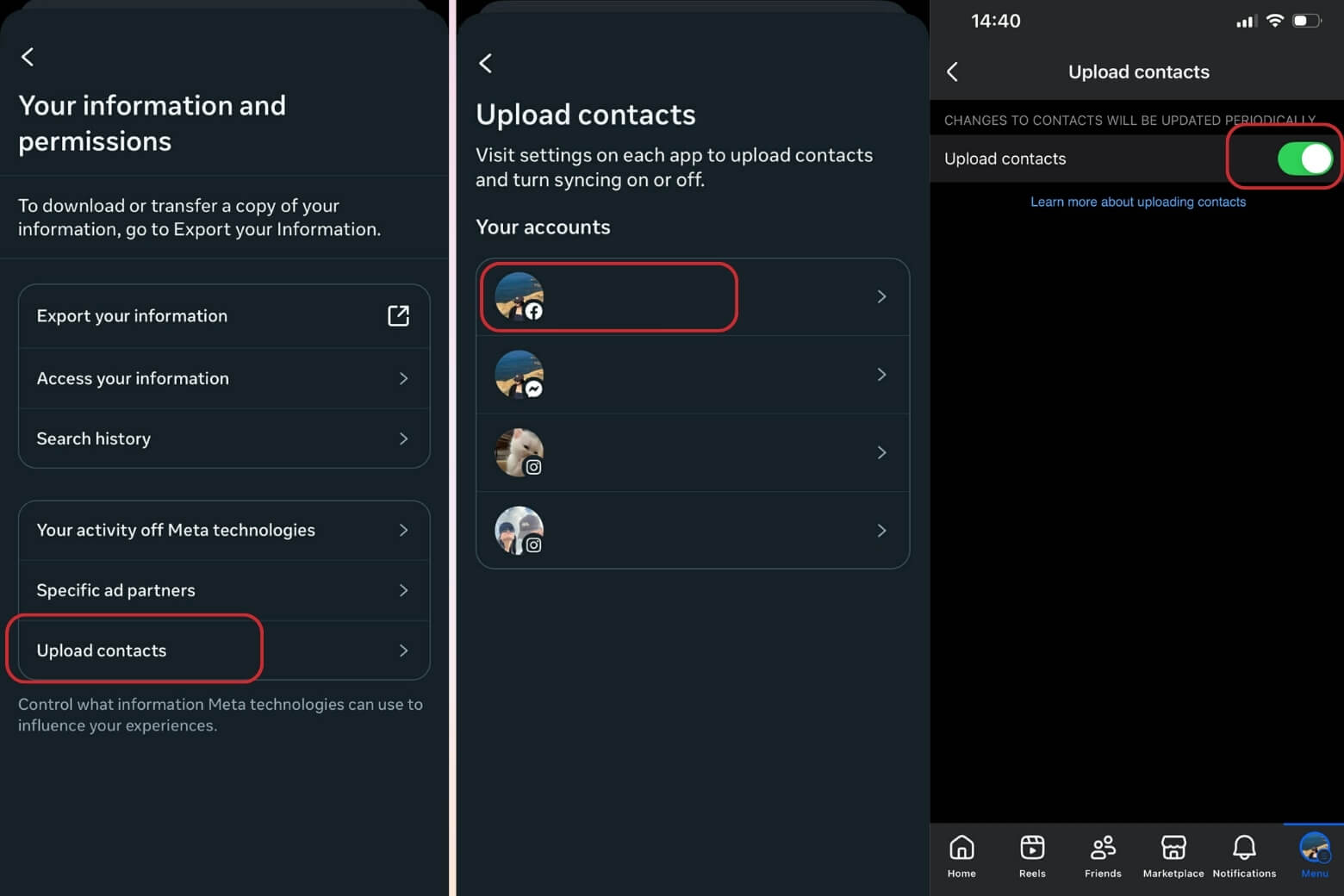 Tải danh bạ lên tài khoản Facebook cần dùng