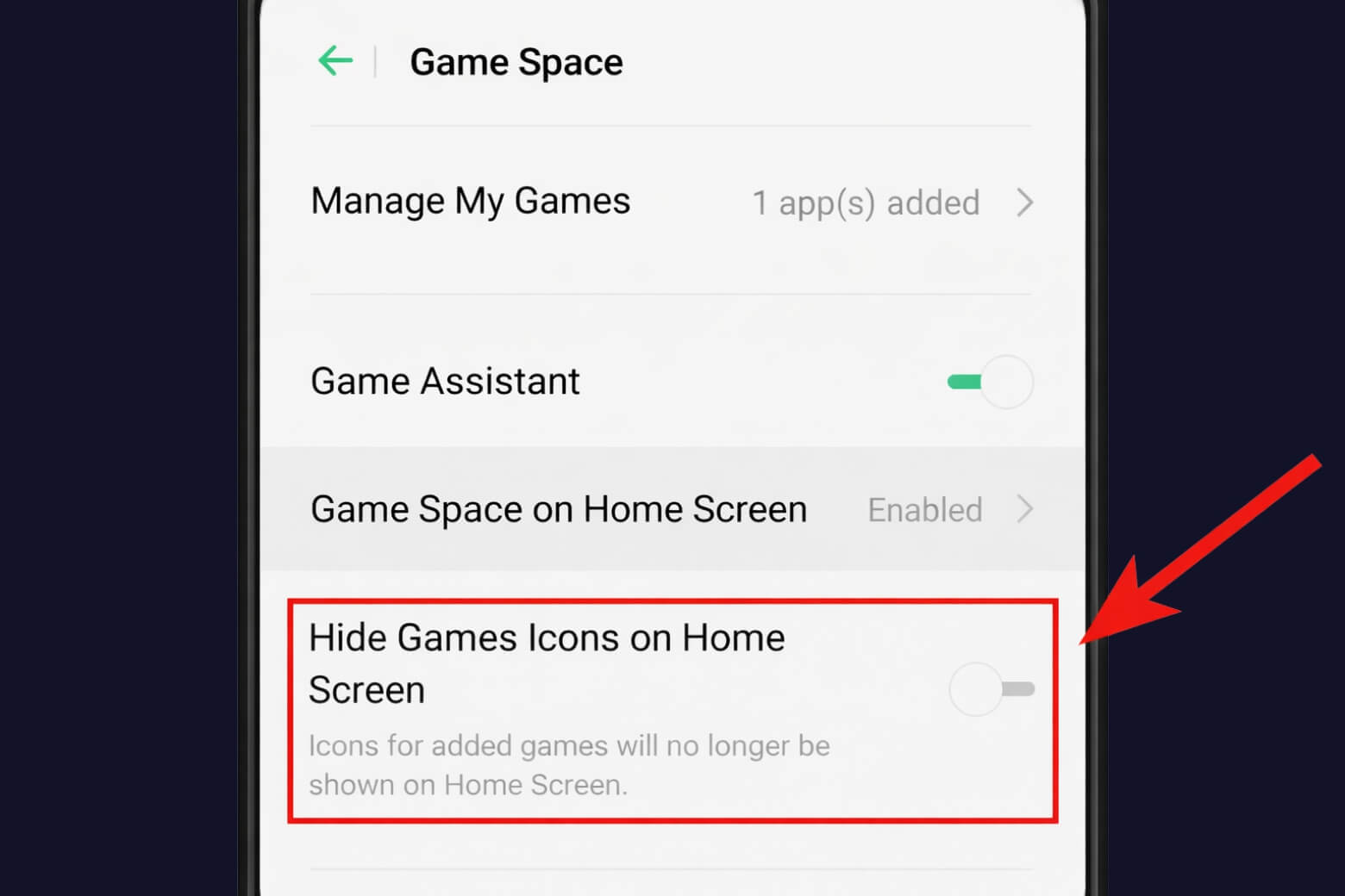 Tắt tính năng Ẩn icon Games trên màn hình chính có thể khắc phục lỗi Game Space bị ẩn đi