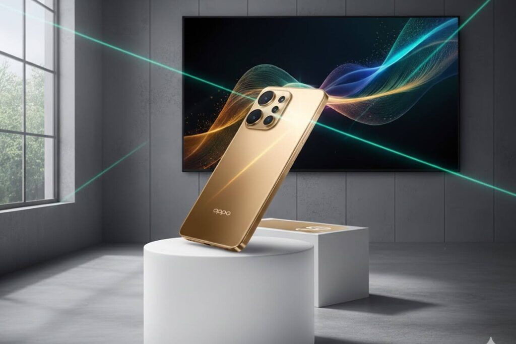 Vàng Ánh Kim là màu signature của Reno16 Pro Max, sử dụng công nghệ phủ nano chuyển sắc theo ánh sáng.