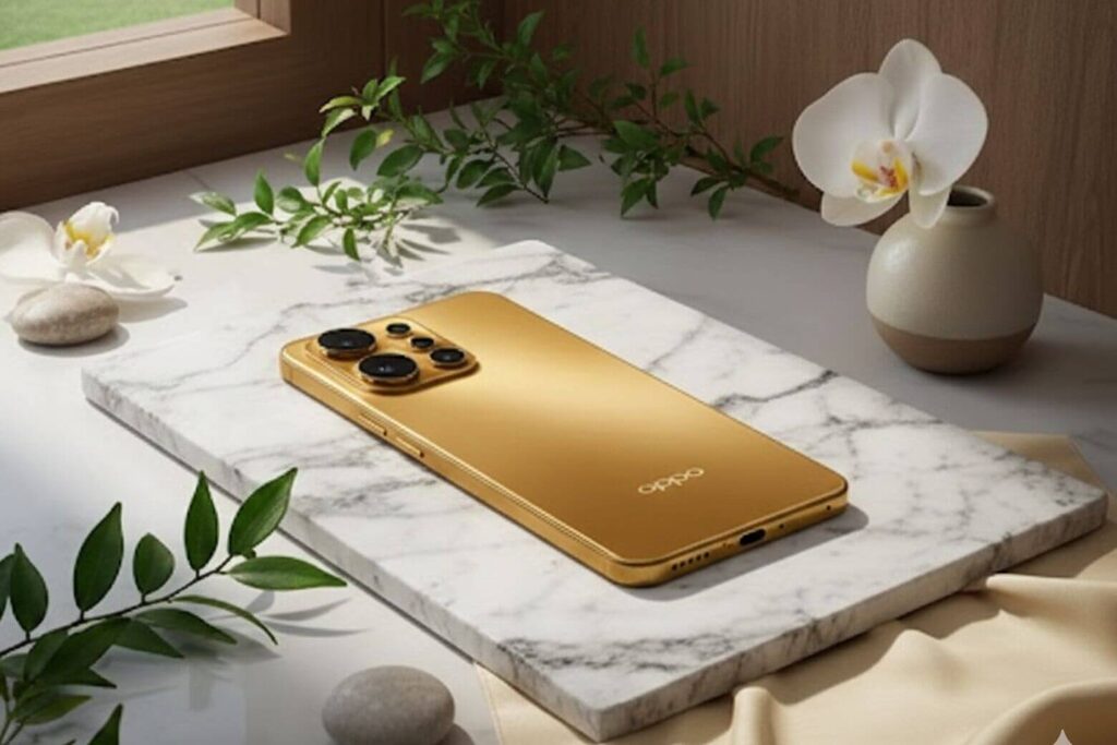 OPPO Reno16 Pro Max màu Vàng Ánh Kim công nghệ Dòng chảy Satin, là màu chủ đạo quảng cáo.