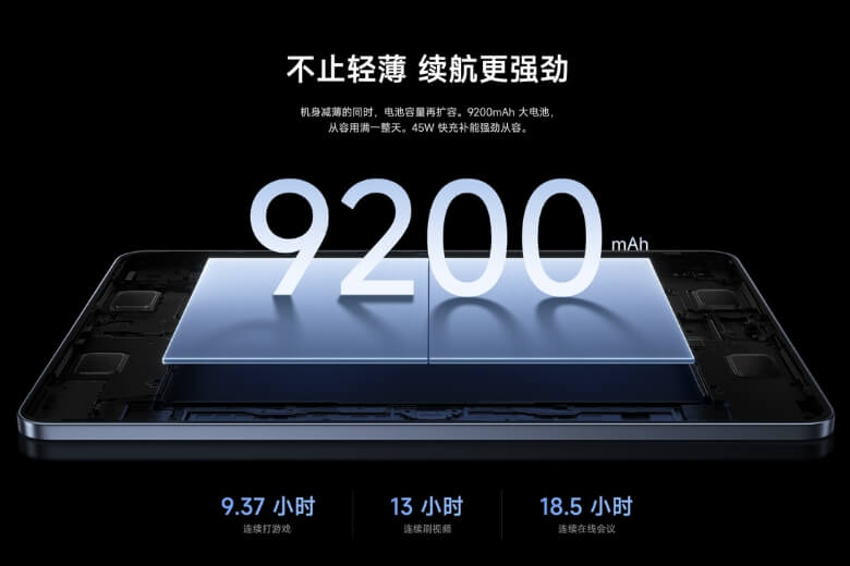 Cấu hình Xiaomi Pad 8 pin 9200 mAh sạc 45W