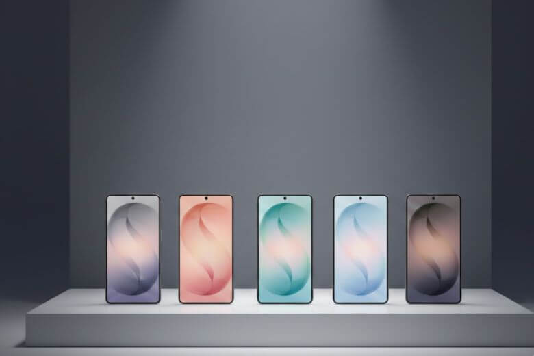 Hình nền Galaxy S26 rò rỉ với 6 màu sắc và biểu tượng chữ "S" uốn cong đặc trưng.