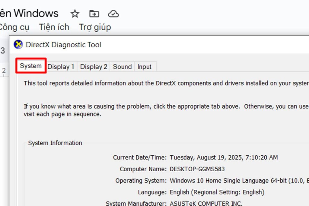 Gõ "dxdiag" trong Run (Windows + R) để xem chi tiết card màn hình và driver.
