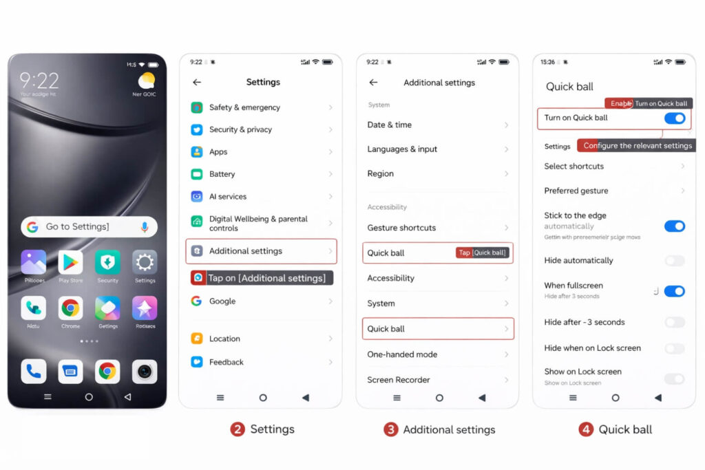 Phím ảo nổi qua Accessibility (Assistant Menu trên Samsung, Quick Ball trên Xiaomi) cho phép chụp ảnh dễ dàng.