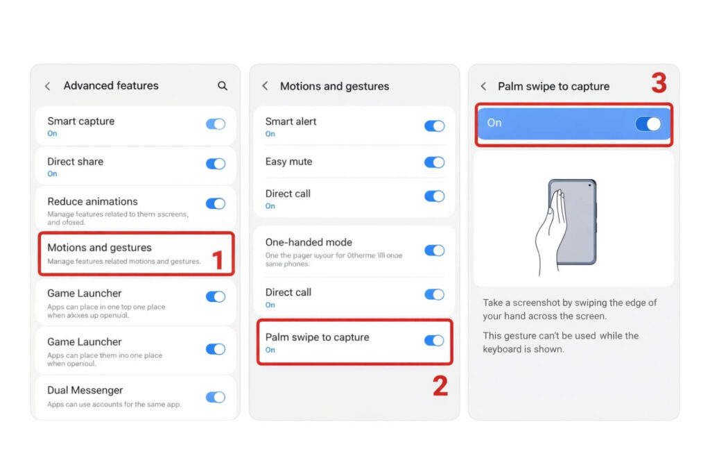 Samsung Palm Swipe cho phép chụp ảnh bằng cách vuốt cạnh bàn tay qua màn hình, tối ưu cho thao tác rảnh tay.