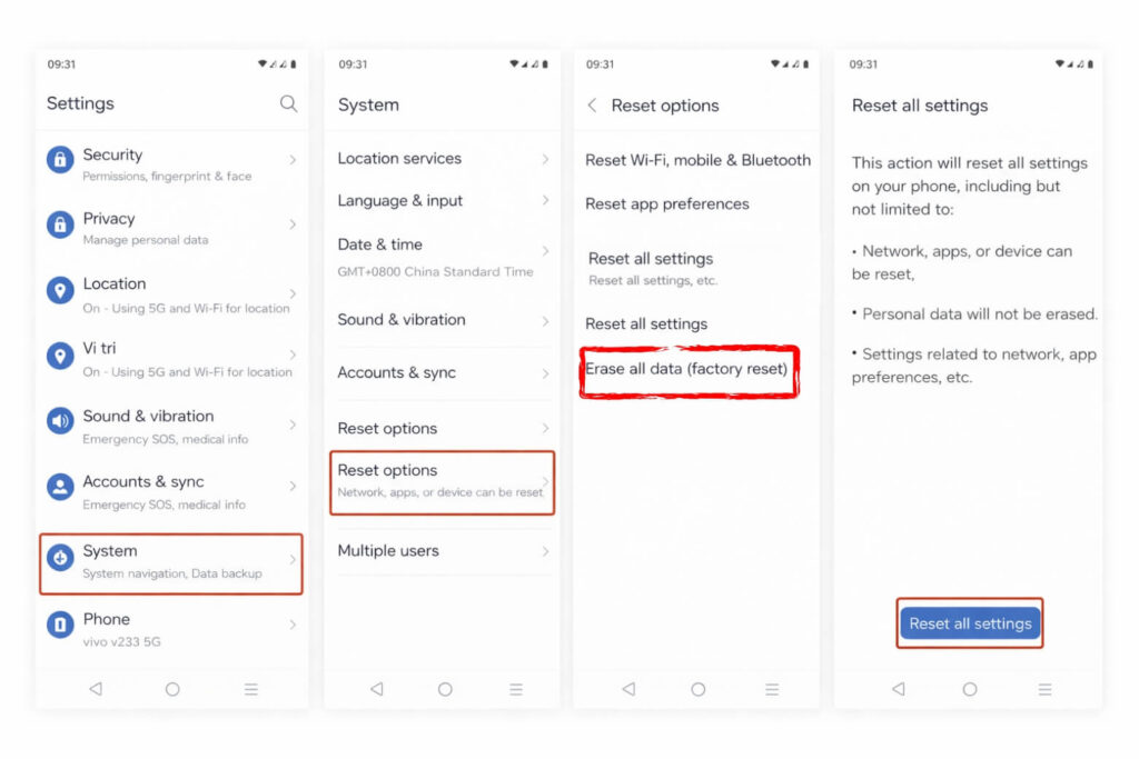 Cách khôi phục tin nhắn SMS trên điện thoại- Phương pháp đơn giản cho iPhone/Android 23 Kiểm tra Backup ngày tạo → Reset máy (Settings > System > Erase all data) → Xác nhận PIN/mật khẩu.
