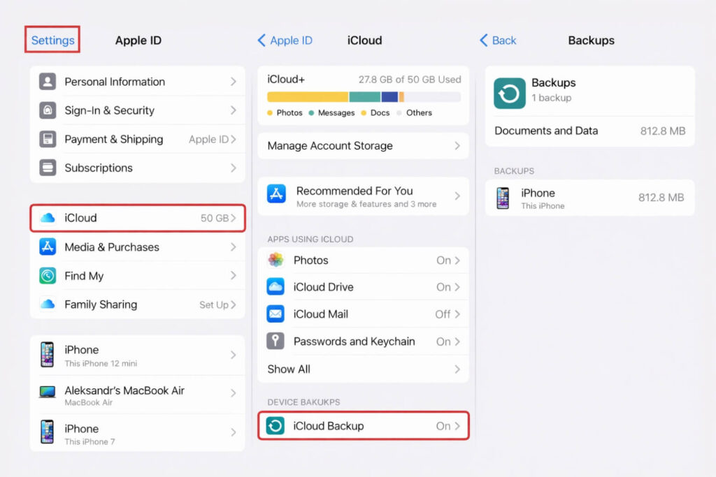 Cách khôi phục tin nhắn SMS trên điện thoại- Phương pháp đơn giản cho iPhone/Android 17 Xóa tất cả nội dung → Reset iPhone → Thiết lập lại → Chọn "Restore from iCloud Backup" và đăng nhập Apple ID.