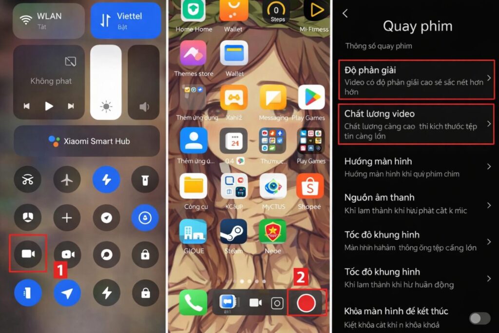 Xiaomi tiếp cận tính năng này thông qua một ứng dụng hệ thống chuyên biệt được tích hợp sâu vào MIUI/HyperOS. Điểm khác biệt lớn nhất là Xiaomi cho phép can thiệp vào các thông số kỹ thuật như tốc độ bit và tốc độ khung hình, giúp video mượt hơn khi chuyển động nhanh.Các bước quay màn hình Xiaomi:Mở công cụ quay: Vuốt từ góc trên màn hình xuống để truy cập Trung tâm điều khiển, nhấn vào "Máy quay màn hình". Một bảng điều khiển nhỏ sẽ xuất hiện trên màn hình.Thiết lập âm thanh (nếu cần): Nhấn biểu tượng bánh răng để truy cập phần cài đặt. Chọn nguồn âm thanh:"Hệ thống" để lấy âm thanh gốc của ứng dụng"Micrô" để thu âm thanh ngoại cảnhXiaomi cho phép tinh chỉnh thông số quay màn hình để tạo video mượt mà và chuyên nghiệp.