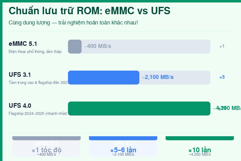 ROM là gì? Phân biệt ROM và RAM, nên chọn ROM bao nhiêu GB 13 So sánh tốc độ chuẩn lưu trữ eMMC vs UFS 3.1 vs UFS 4.0