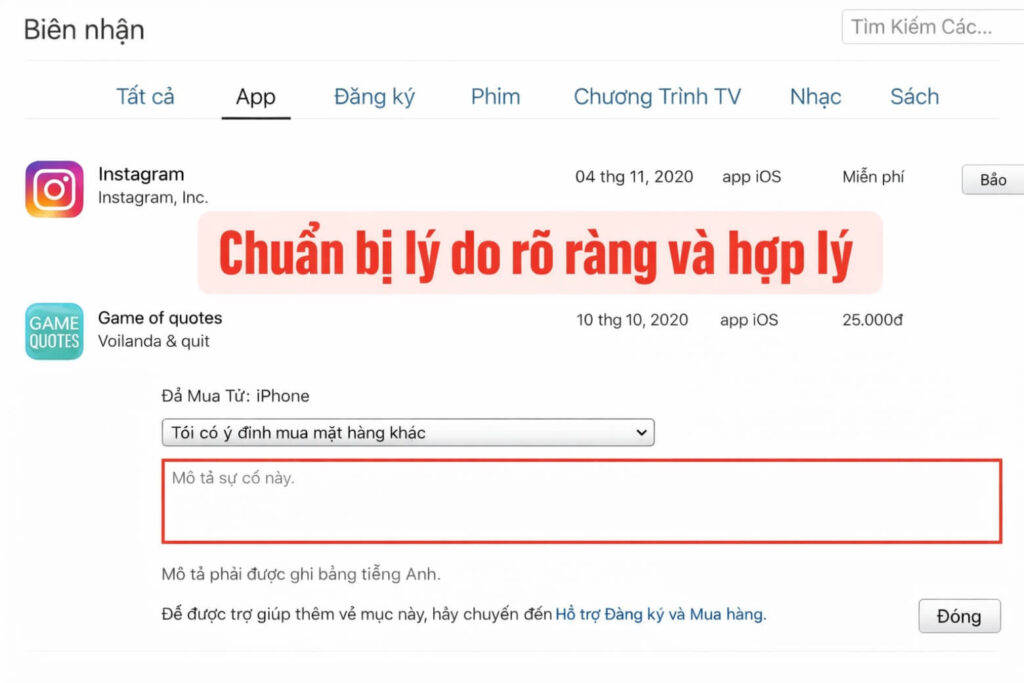 Hoàn tiền Apple - Hướng dẫn chi tiết 90 ngày + Cách yêu cầu nhanh nhất 16 Chọn lý do hoàn tiền phù hợp từ danh sách có sẵn.