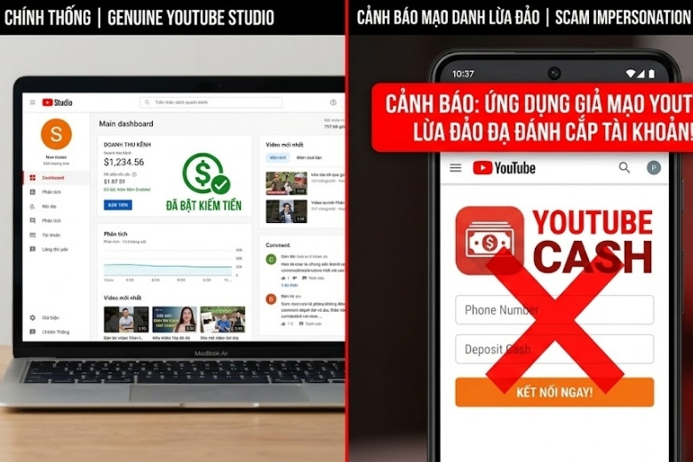 YouTube Cash là gì? Sự thật kiếm tiền online và bẫy lừa đảo cần tránh 7 So sánh YouTube Studio bật kiếm tiền chính thống và YouTube Cash lừa đảo
