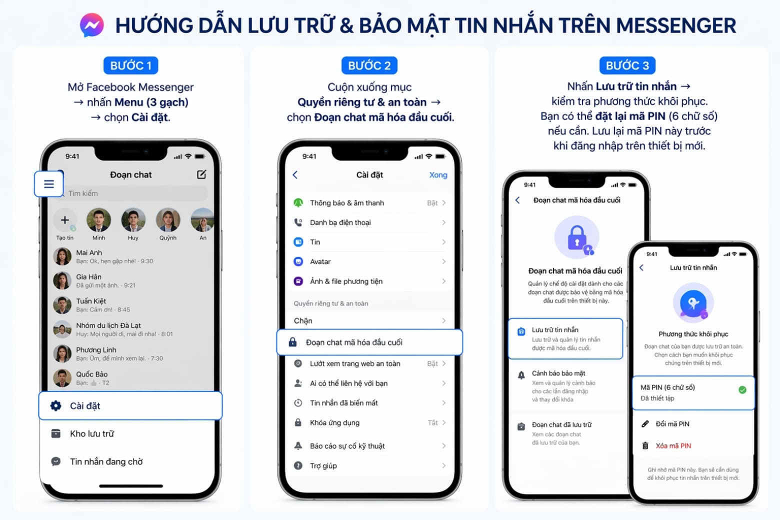 Mã hóa đầu cuối là gì? Cách giữ trọn tin nhắn Zalo, Messenger khi đổi điện thoại 9 Thiết lập và ghi nhớ mã PIN Messenger để tránh mất dữ liệu