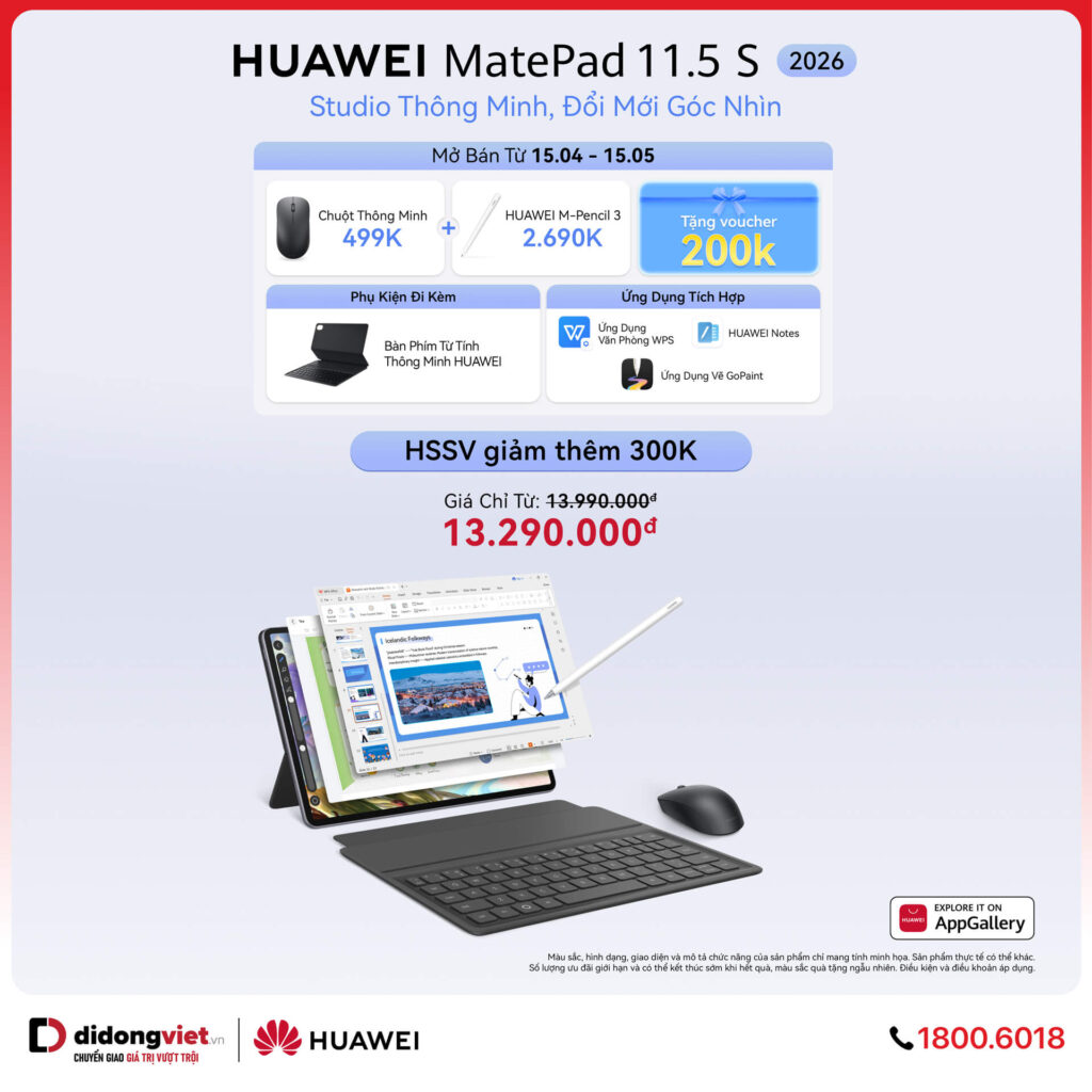Mở bán Huawei MatePad 11.5 S 2026 tại Di Động Việt: Siêu phẩm màn hình như giấy thật, tặng bộ quà cực phẩm và ưu đãi HSSV đến 300K 7 mo ban huawei matepad 11 5 s 2026 di dong viet uu dai