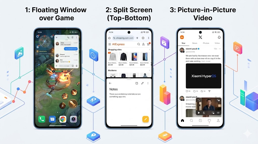 Cửa sổ nổi Xiaomi là gì? Cách bật và sử dụng chi tiết trên HyperOS, MIUI 8 So sánh Cửa sổ nổi, Chia đôi màn hình (Split Screen) và PiP